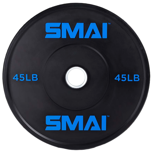 A black weightlifting plate with blue "SMAI" logos and "45LB" marked twice, featuring a central metal ring.
