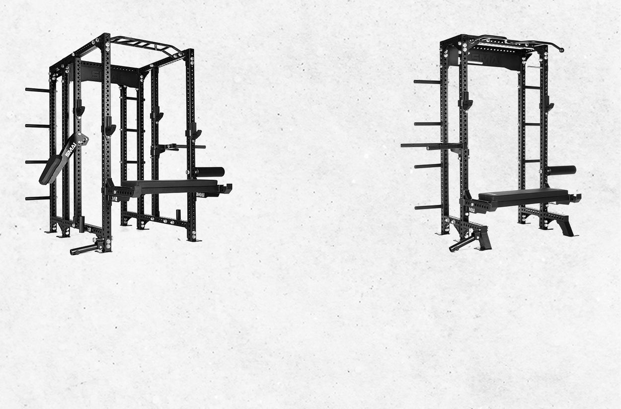Two black power racks with pull-up bars, weight holders, and bench attachments are positioned on a light gray textured background, one on the left and one on the right, with empty space between them.