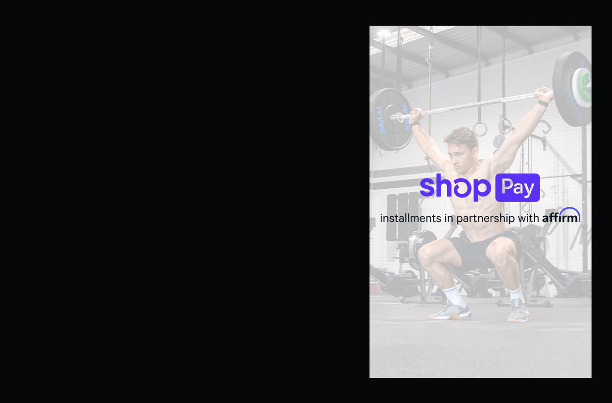 A man lifting a barbell in a gym. Overlaid text reads “shop Pay installments in partnership with affirm.” The shop Pay logo is prominently displayed near the center of the image.