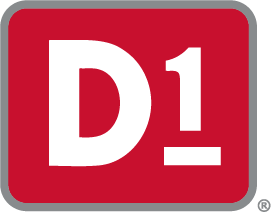 A red square logo with a thick gray border featuring a large white letter "D" followed by a white number "1" in bold font.