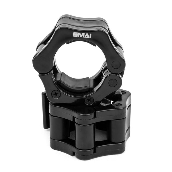 The SMAI USA Easy Lock Barbell Collars 2" (Pair) are black, heavy-duty collars with a secure locking mechanism, designed to keep weight plates safely in place during lifting.