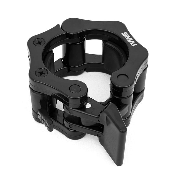The SMAI USA Easy Lock Barbell Collars 2" (Pair) are black clamps with a quick-release lever, sturdy design, visible screws, and "SMAI" branding, designed to securely hold weight plates on barbells.