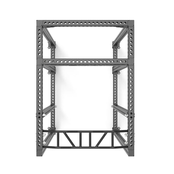 Front view of the SMAI USA Power Rack with Half Rack Add On - Vanta Series, an empty gray metal frame with multiple holes for adjustable shelving and a reinforced base, perfect for organizing Vanta accessories, set against a white background.