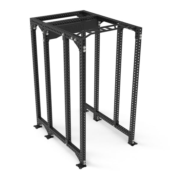 The SMAI USA Power Rack with Half Rack Add On - Vanta Series is a black metal open-frame rack featuring multiple holes for adjustable attachments, compatible with Vanta accessories, and stands on four wide feet for added stability.