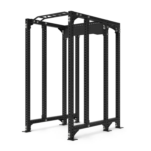 The SMAI USA Power Rack with Half Rack Add On – Vanta Series is a black metal weightlifting rack with multiple adjustable holes, a pull-up bar, and a sturdy rectangular frame compatible with all Vanta Rack accessories and Half Rack Add Ons.