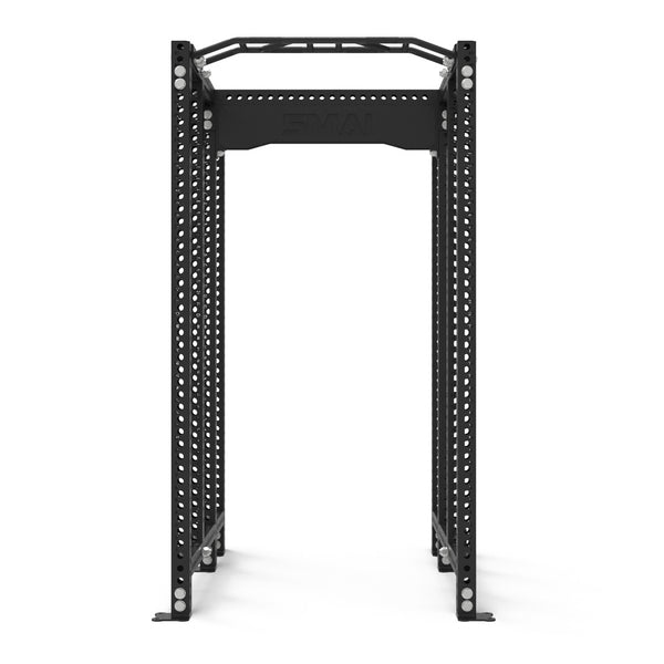 The SMAI USA Power Rack with Half Rack Add On - Vanta Series is a black metal rack for weightlifting, featuring multiple adjustment holes, a top pull-up bar, and front view—compatible with Vanta Rack accessories for expanded training.