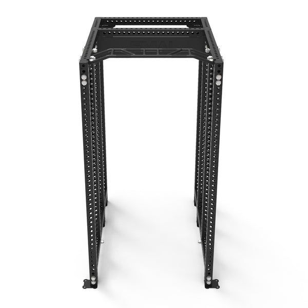 The SMAI USA Power Rack with Half Rack Add On – Vanta Series is shown from an angled overhead view. The black metal frame features uprights with multiple holes for adjustable attachments. Compatible with Vanta Rack accessories. No weights or accessories included.