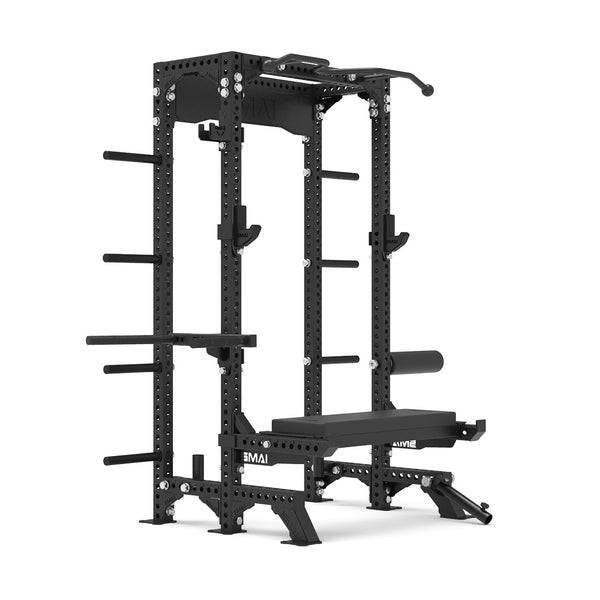 The SMAI USA Half Power Rack Ultimate Package - Vanta Series is a black, heavy-duty rack with attachments and weight storage, designed for strength training in any gym or home, featuring a space-saving compact design.