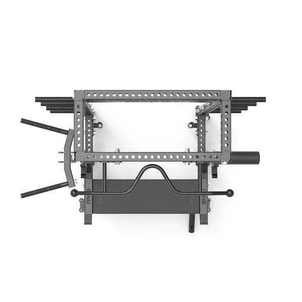 The SMAI USA Half Power Rack Ultimate Package - Vanta Series features various attachments like side weight holders and outward handles, offering a compact, efficient solution for all your strength training and weightlifting needs.