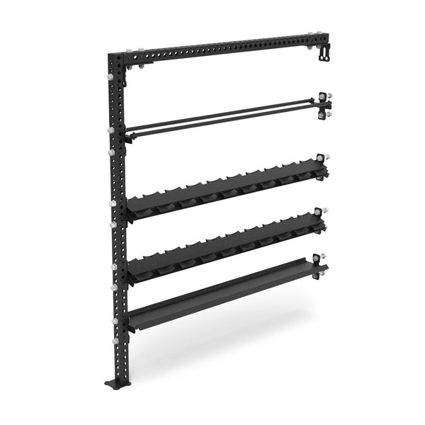 The SMAI USA Power Rack Storage Add On - Mixed Storage - Vanta Series is a black, metal modular wing with three shelves and two rods, designed for vertical racks with multiple adjustment holes—perfect for gym equipment storage.