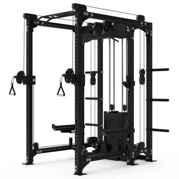 The SMAI USA Power Rack with Cable Machine & Accessories Pack - Vanta Series is a black multifunctional gym machine featuring adjustable pulleys, handles, weight stack, and storage pegs for versatile strength and cable exercises.