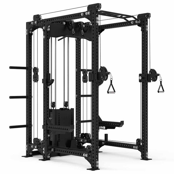 The SMAI USA Power Rack with Cable Machine & Accessories Pack – Vanta Series is a black, multifunctional gym unit featuring pulleys, handles, weight storage pegs, and adjustable bars for versatile strength training.