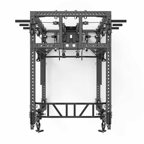 Top view of the SMAI USA Power Rack with Cable Machine & Accessories Pack (Vanta Series), showing its black metal frame, multiple holes, beams, and wheels—resembling a mechanical chassis—isolated on a white background.