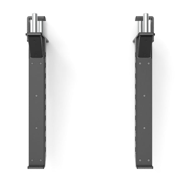 Two black, rectangular metal brackets with silver pins at the top from SMAI USA, mounted vertically against a white background. These Vanta Series Safety Spotter Arms (Pair) face each other, ideal for power rack safety.