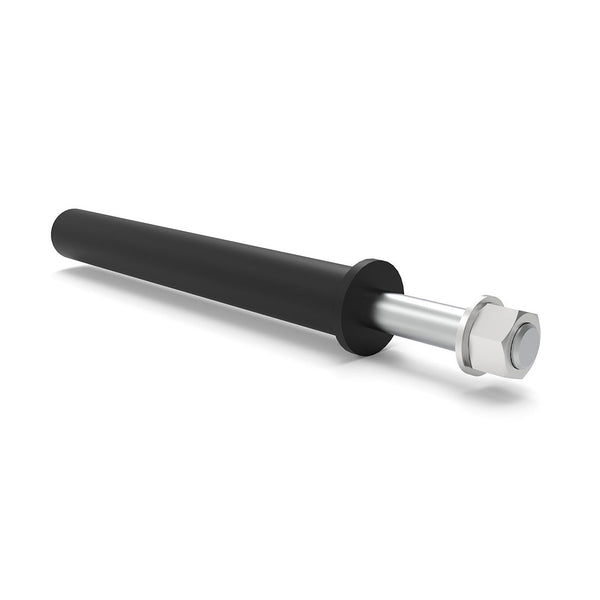 The SMAI USA Vanta Series Weight Plate Storage Peg with PU cover features a metal rod, hexagonal nut, washer on one end, and a black cylindrical sleeve covering most of its length, isolated on a white background.