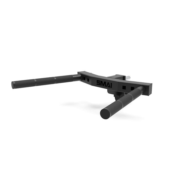 The SMAI USA Dip Station Attachment - Vanta Series is a black metal gym accessory with two horizontal handles and textured grips, featuring the brand name on the frame. Designed for power racks, it’s ideal as adjustable dip arms for strength training. Plain white background.