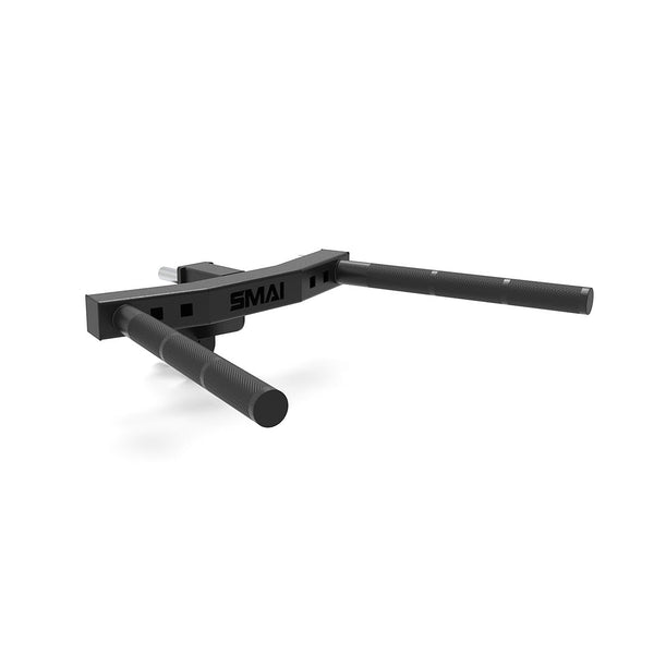 The Dip Station Attachment - Vanta Series by SMAI USA is a black metal dip bar with dual parallel handles and a front-mounted bracket, perfect for strength training on any compatible power rack.