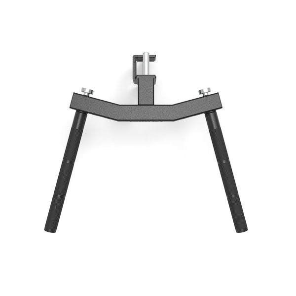 The SMAI USA Dip Station Attachment - Vanta Series, a black metal accessory with two vertical grips and a central mounting bracket, resembles a power rack frame when viewed from above on a white background.