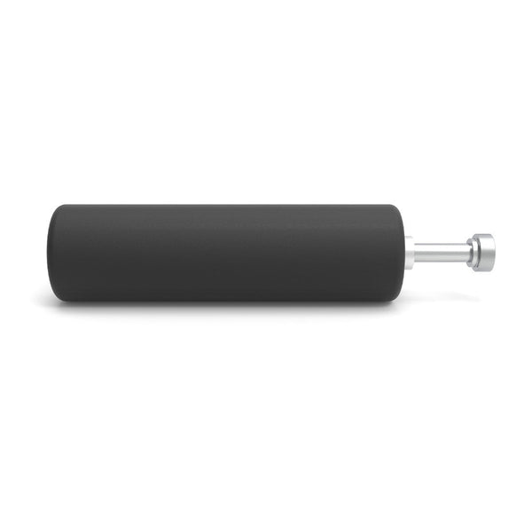 The SMAI USA Leg Roller Attachment - Vanta Series, a black cylindrical power rack accessory with a silver metal rod, is shown lying horizontally on a white background.