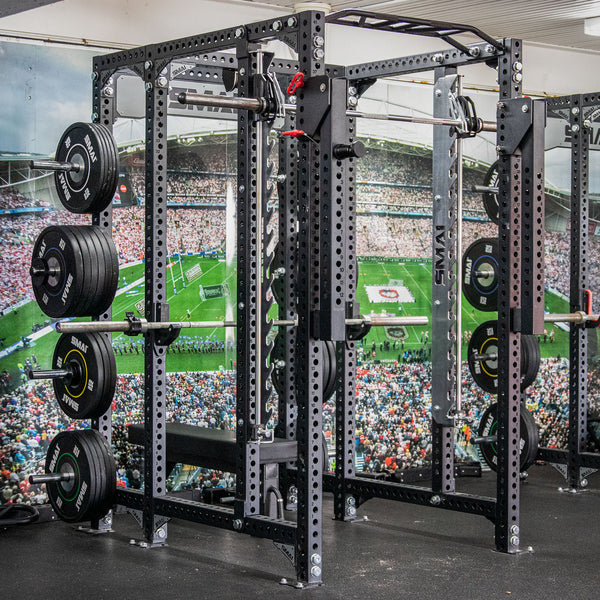 Left side view of power rack with smith machine add on installed