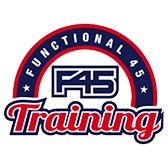 F45 Training logo featuring "F45" in a bold blue font, with "Functional 45" in a red and blue semicircle above and "Training" in red script below.