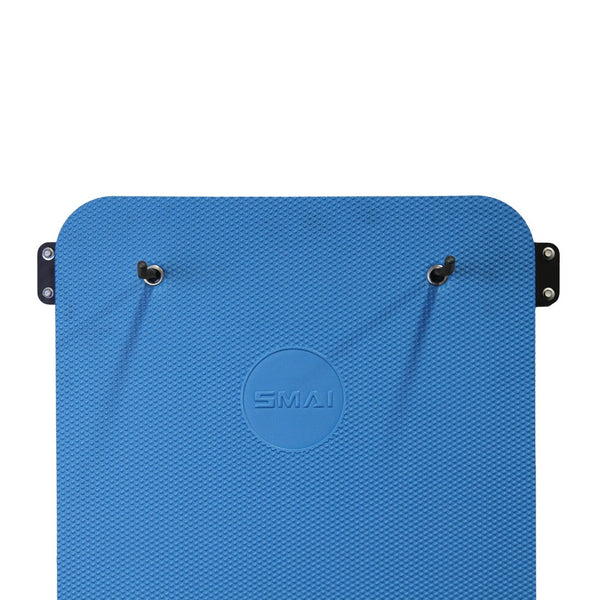 A blue textured exercise mat with rounded corners and two metal eyelets for hanging on the SMAI USA Workout Mat Wall Storage Rack, featuring the "SMAI" logo embossed in the center. The top of the mat is shown against a white background.