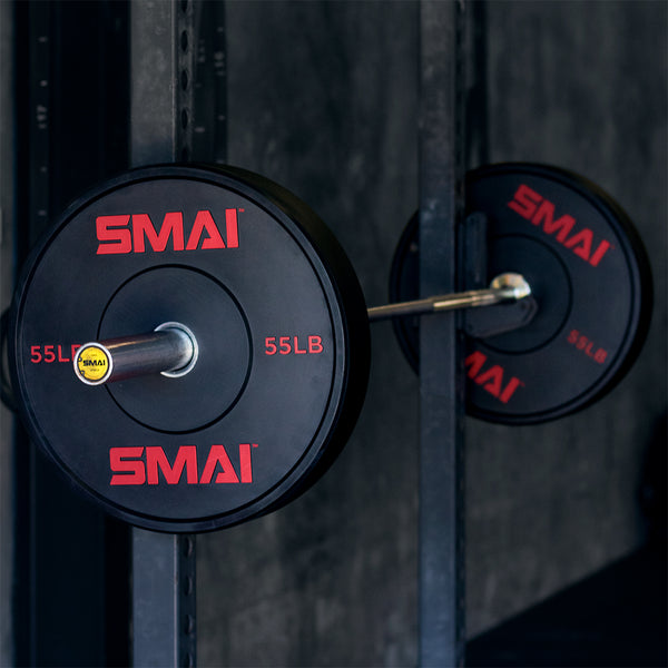 55LB SMAI Bumper Plate Sitting on a Rack