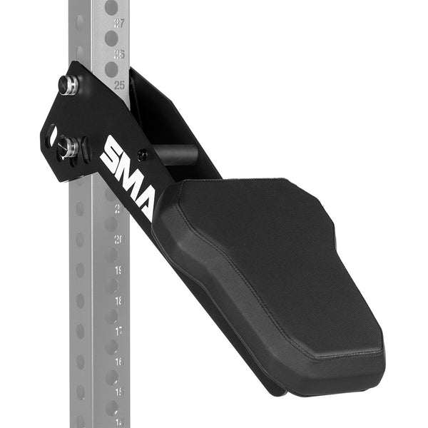 The Row / Fly Pad - Vanta Series by SMAI USA is a black and silver adjustable bench attachment with padded support, featuring "SMAI" on the side, and mounts on a metal rack with multiple holes.
