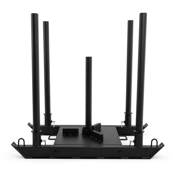 The SMAI USA Push Pull Sled is a black metal sled with four corner posts and a central vertical post, ideal for turf sprint workouts and strength or resistance training.