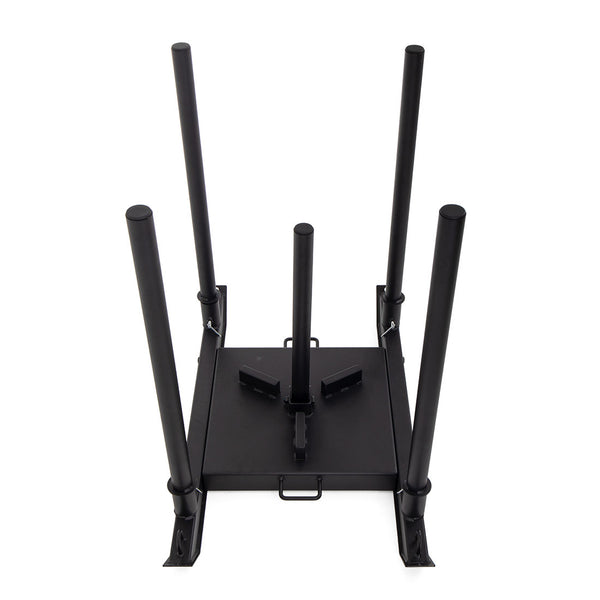 The SMAI USA Push Pull Sled is a black metal sled with four uprights and a central low handle, ideal for strength, sprint, and weight plate training. Shown against a white background.