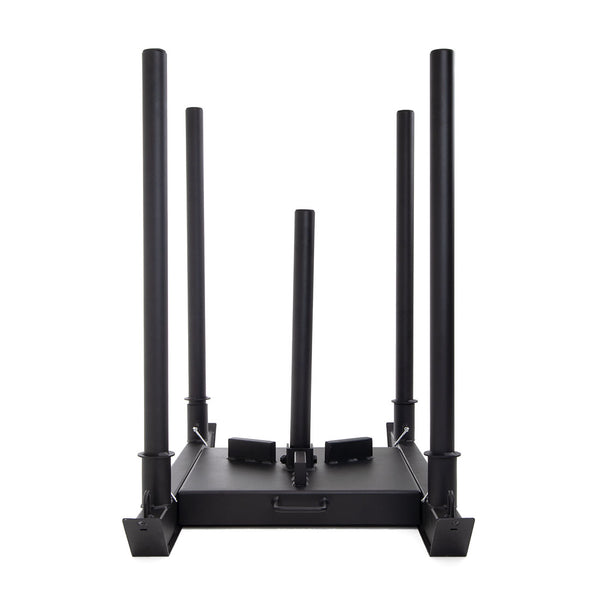The SMAI USA Push Pull Sled is a black metal sled with five vertical poles on a rectangular base, perfect for push pull sled exercises and sprint training workouts—ideal for pushing, pulling, or adding weights.