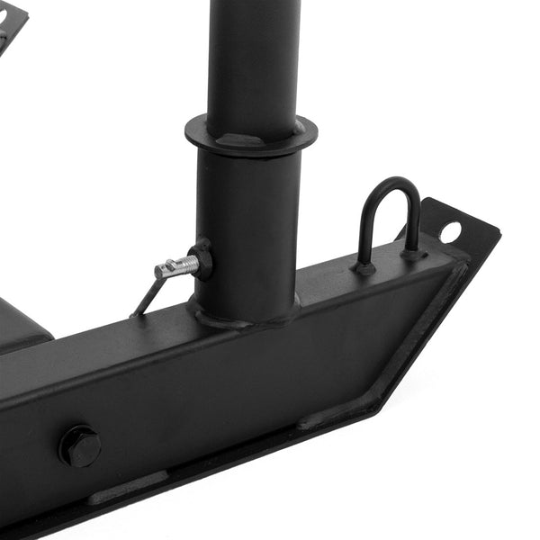 Close-up of the SMAI USA Push Pull Sled's black metal frame, showing a vertical round tube, locking pin, and curved hook on the right—perfect for sprint training workouts.