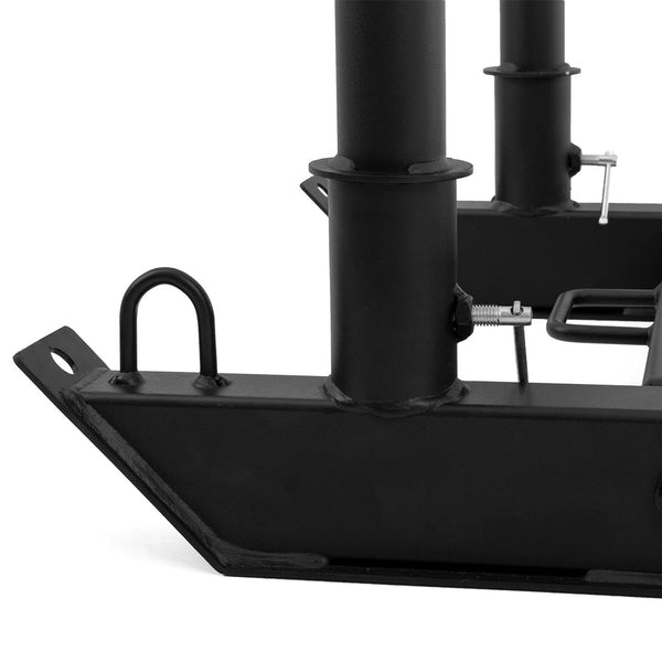 Close-up of the SMAI USA Push Pull Sled's black metal frame with cylindrical vertical supports, looped handle, and locking pins—ideal for sprint training or use as a turf sled.