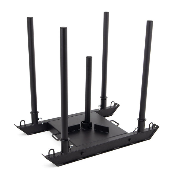The SMAI USA Push Pull Sled features five weight posts, a flat base, handles on each end, and corner brackets—ideal for strength, conditioning, or sprint training workouts on turf.