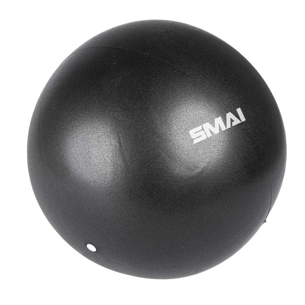 The SMAI USA Pilates Ball - 11inch is black with a smooth surface and features a white "SMAI" logo. Designed for core strengthening and balance, it includes a small inflation hole near the bottom edge.