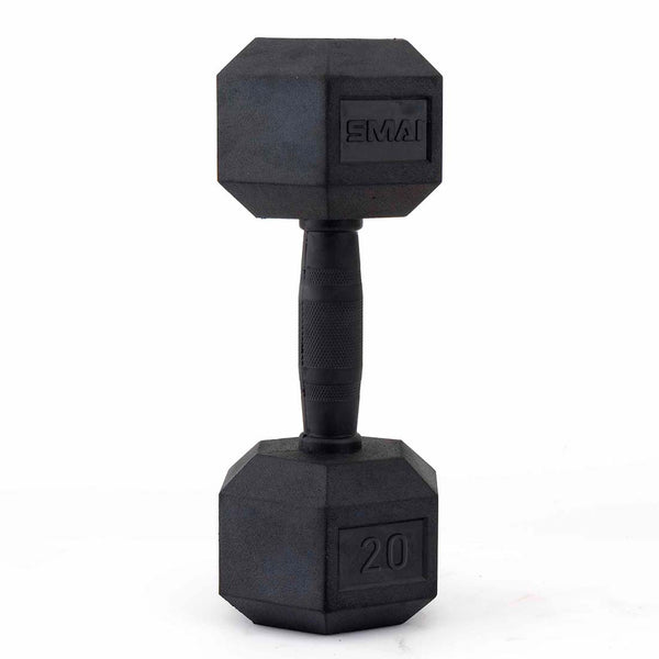20lb rubber hex dumbbell SMAI vertical with rubber hand grip