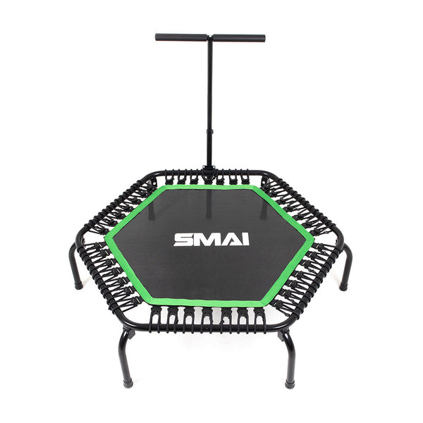 The SMAI USA Rebounder Mini Trampoline 50" is a hexagonal black fitness trampoline with green trim, sturdy legs, a handlebar, and "SMAI" in white on the jumping surface, featuring a modern design.