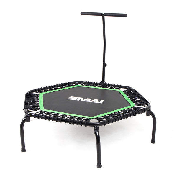 The SMAI USA Rebounder Mini Trampoline 50" is a small, hexagonal fitness trampoline with a black frame, green trim, central “SMAI” logo, six legs, and an adjustable black handlebar attached to one side.