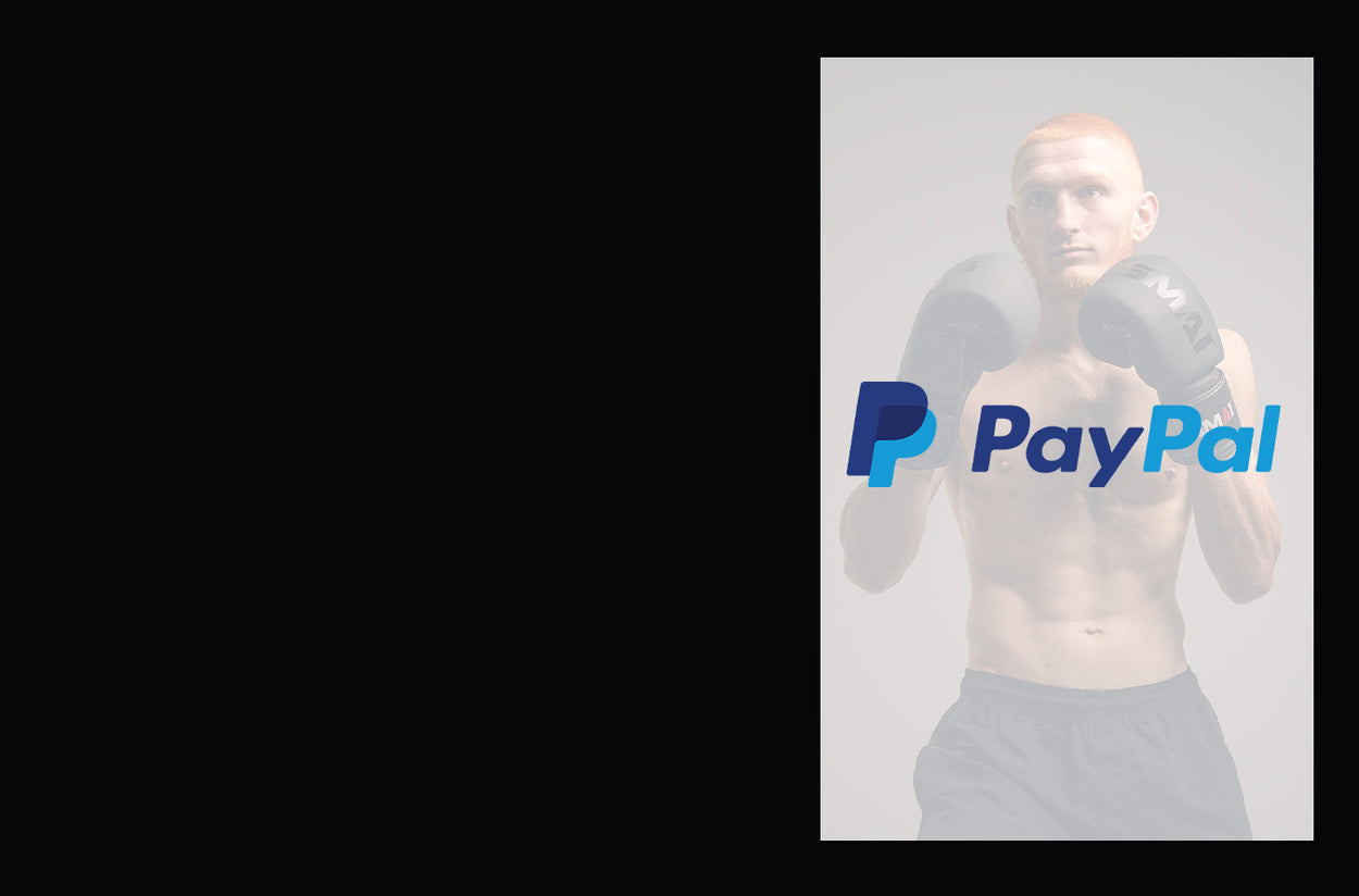 A light-skinned male boxer wearing black gloves and shorts stands behind the PayPal logo on a gray background. The left side of the image is solid black.