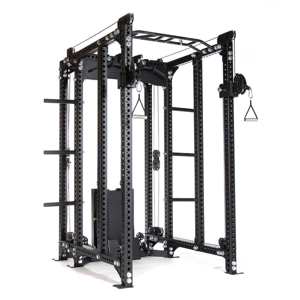 The SMAI USA Power Rack with Cable Machine & Accessories Pack – Vanta Series is a large, black multifunctional gym system with pull-up bars, plate holders, cable pulleys, and handles for versatile strength and resistance training.
