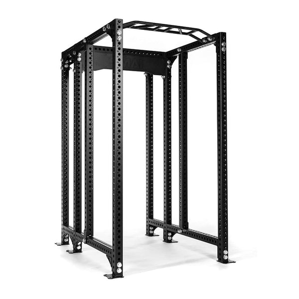 The SMAI USA Power Rack with Half Rack Add On - Vanta Series is a black steel frame for weightlifting, featuring adjustable holes, a pull-up bar, and compatibility with Vanta Rack accessories for versatile strength training.