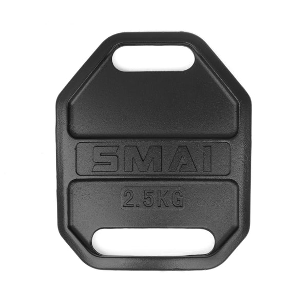 The SMAI USA Weight Vest Plate Pair (2.5kg/5.5lb each) features a black, octagonal cast iron design with two handles, perfect for weighted vests or standard strength training.