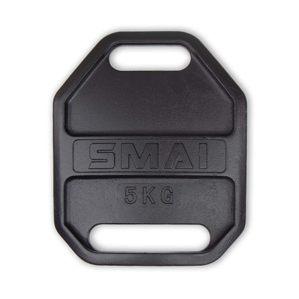 A pair of black, 5kg (11lb) weight vest plates from SMAI USA—octagonal with grip handles—perfect for adding resistance to strength training or using with compatible workout vests.
