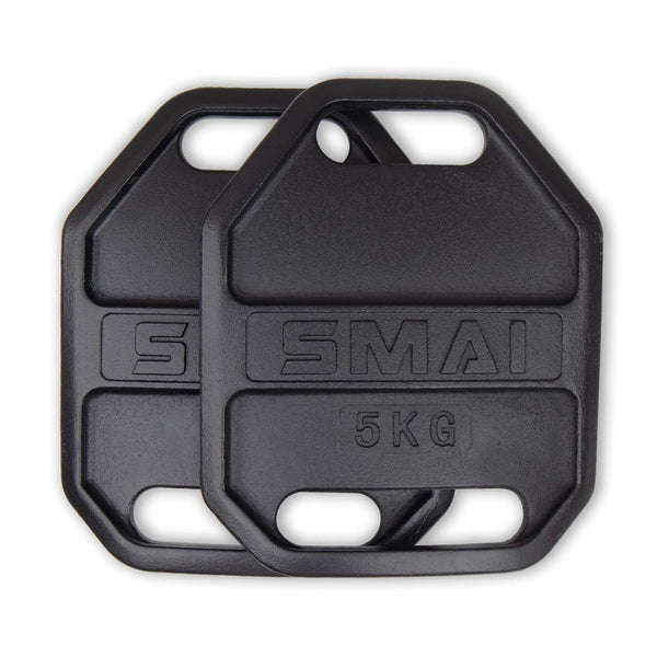 A pair of black octagonal 5kg/11lb cast iron weight vest plates by SMAI USA, each with handles and labeled "SMAI," stacked on a white background—perfect for adding resistance to your workout vest.
