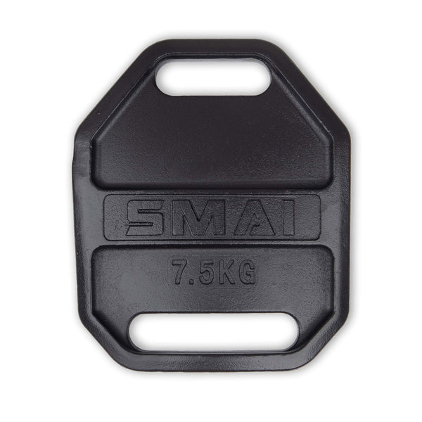 A black SMAI USA 7.5kg weight vest plate pair, each with two handles and an octagonal shape, features "7.5KG" embossed on the front—ideal for intensifying your workout.