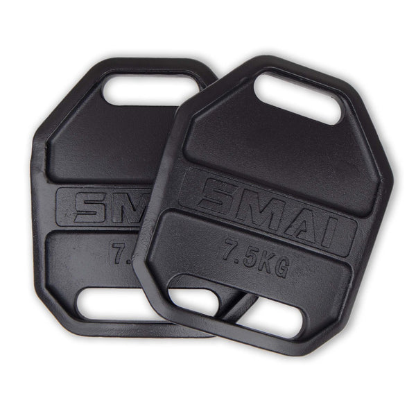 A pair of black, octagonal SMAI USA weight vest plates (16.5lb/7.5kg each) with handles, overlapping on a white background—perfect for boosting workout intensity or using as inserts in compatible weight vests.