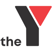 Logo of the YMCA featuring a large black "Y" shape with a red triangle in the top right, and the word "the" in lowercase letters to the left of the "Y" on a light gray background.
