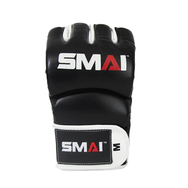 A black MMA glove with white trim and the "SMAI" logo in white and red on the back of the hand and wrist strap, photographed against a plain white background.