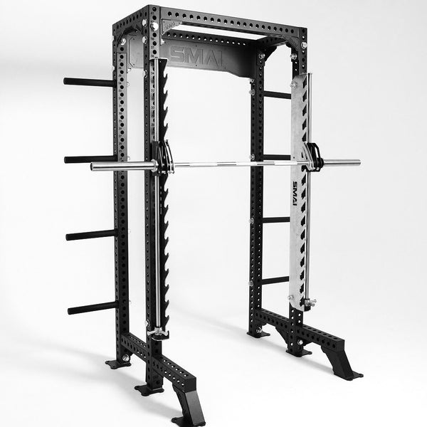 The SMAI USA Smith Machine Insert With Adapter Kit for 4 Post Rack - Vanta Series offers universal compatibility, adjustable bar hooks, multiple attachment holes, and weight plate storage pegs for versatile weightlifting exercises.