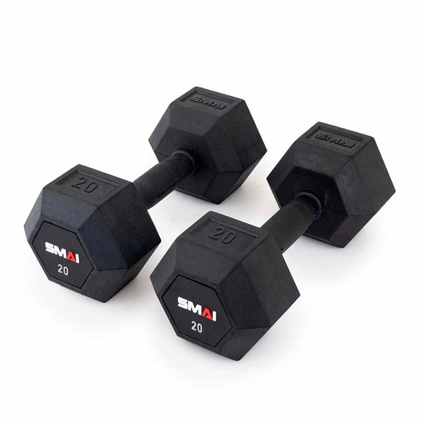 Pair of 20lb SMAI rubber hex dumbbells with rubber grips
